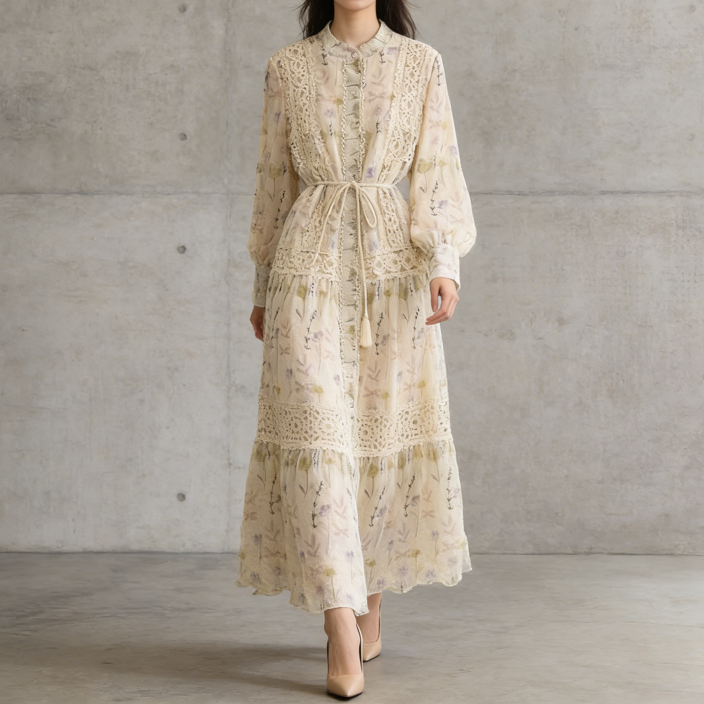 【ワンピース】主役級ワンピ✨ 春の贅沢レース 刺繍ドレス 長袖ワンピース｜ウエストマークで驚きのスタイルアップ【SHシリーズ】