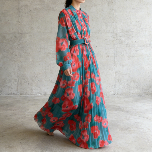 期間限定⭐60%OFF【ワンピース】美人見え確定✨ クラシック 花柄 プリーツ 長袖ワンピース｜高見え立襟＆ウエストマークで細見え【SHシリーズ】