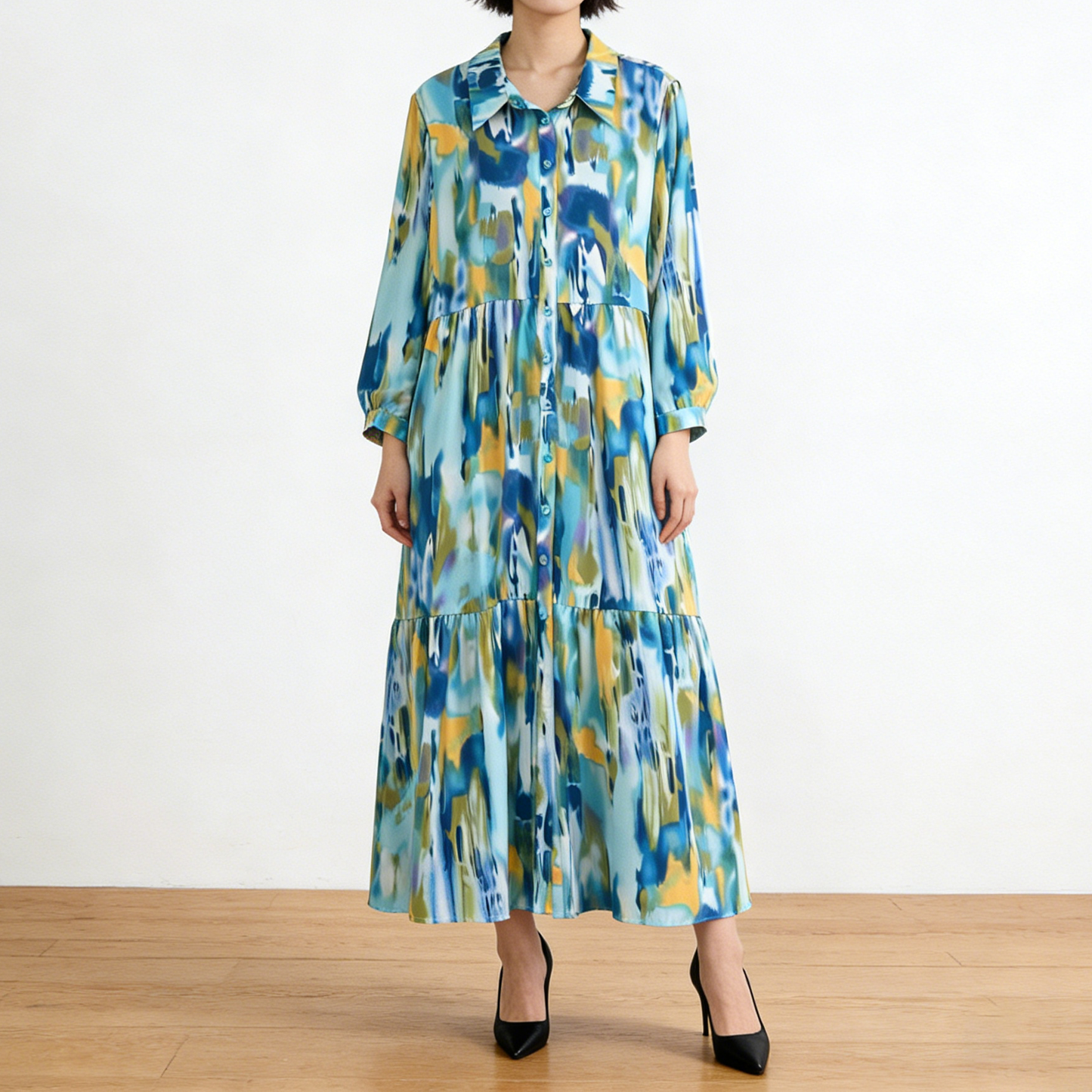 4カラー【ワンピース】個性派 グラデーション柄 長袖 ゆったりシルエット 体型カバー Aライン フレア シャツワンピース レディース ワンピース【SHシリーズ】