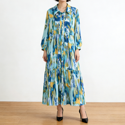 4カラー【ワンピース】個性派 グラデーション柄 長袖 ゆったりシルエット 体型カバー Aライン フレア シャツワンピース レディース ワンピース【SHシリーズ】