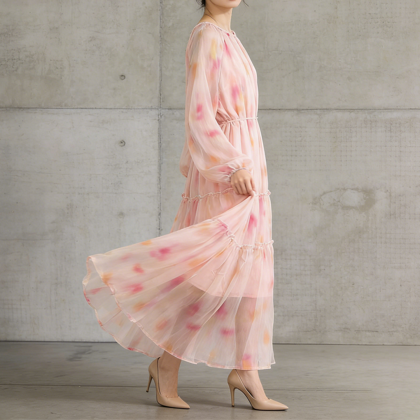 【ワンピース】長袖 ラウンドネック ウエストマーク Aライン 絞り染めプリント ロングワンピース リゾート 海辺 フレアワンピース【SHシリーズ】