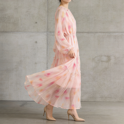 【ワンピース】長袖 ラウンドネック ウエストマーク Aライン 絞り染めプリント ロングワンピース リゾート 海辺 フレアワンピース【SHシリーズ】