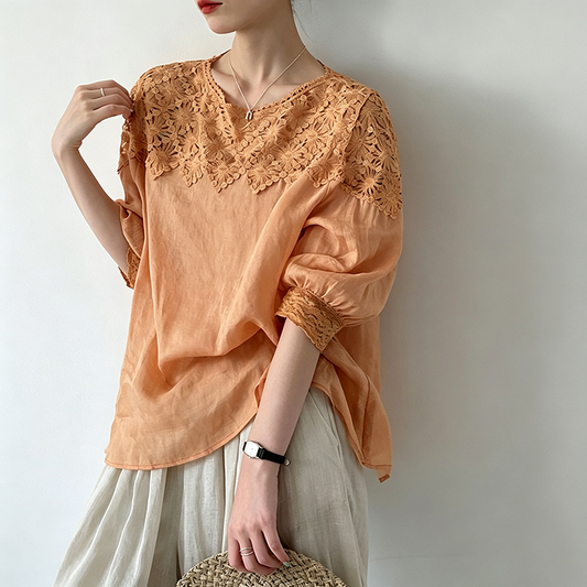 【トップス】ナチュラル風 ラミー混トップス レディース 夏 無地 ブラウス 襟元透かしデザイン ゆったり【JZシリーズ】