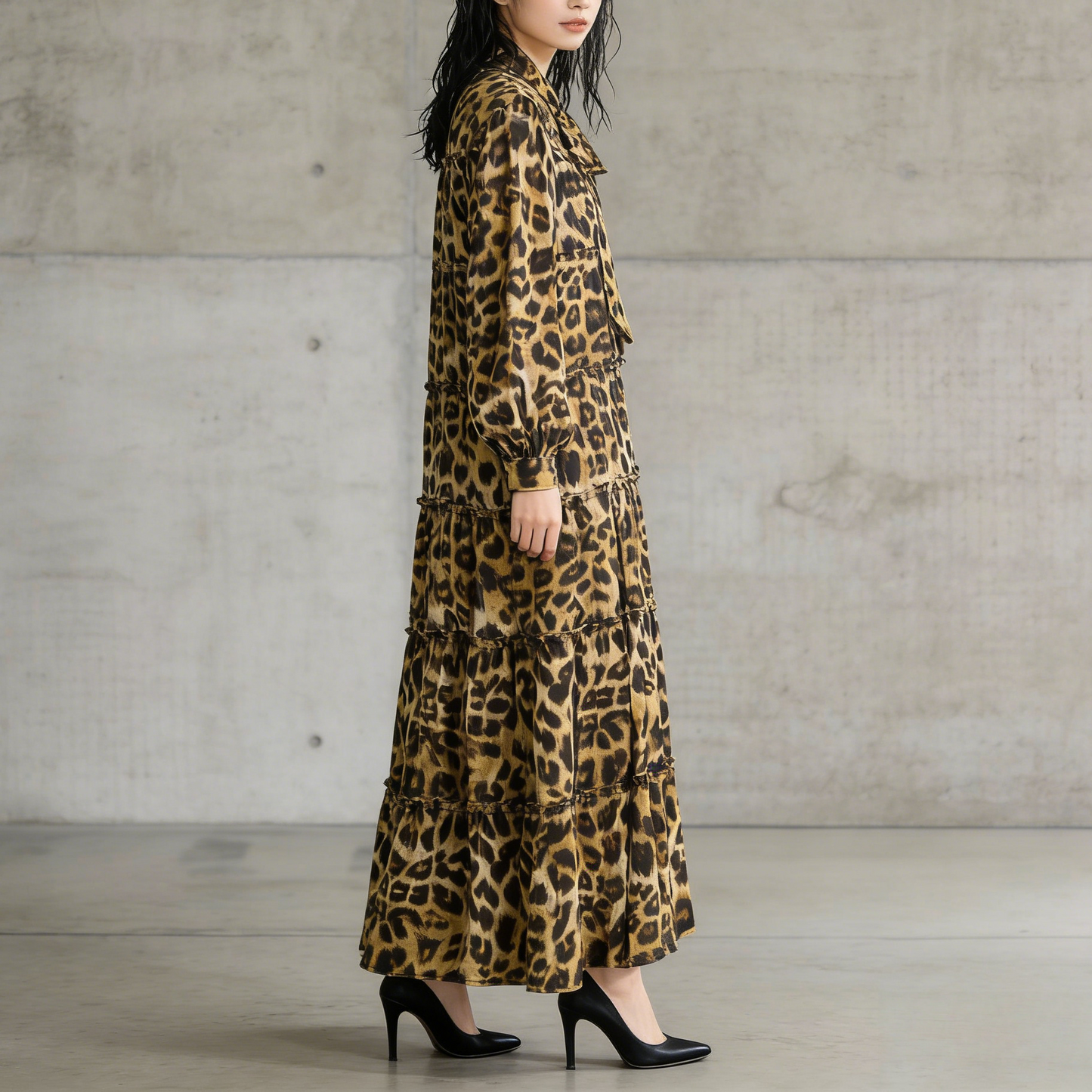 【ワンピース】プリントVネック お腹周りカバー フリル 長袖 ワンピース 【SHシリーズ】