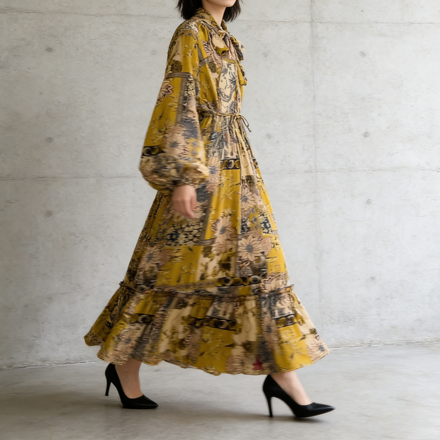 【ワンピース】レトロ風 長袖 リボン付き ウエストマーク Aライン 花柄プリント ランタンスリーブ ワンピース エレガント ロングワンピース レディース【SHシリーズ】