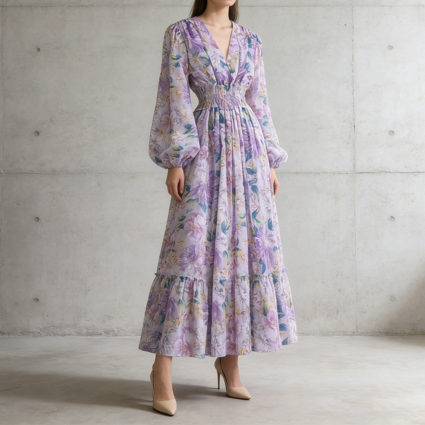 【ワンピース】フレンチレトロ Vネック 花柄 バルーン袖 ウエストシェイプ フレア ロングワンピース【SHシリーズ】