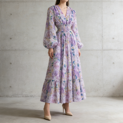 【ワンピース】フレンチレトロ Vネック 花柄 バルーン袖 ウエストシェイプ フレア ロングワンピース【SHシリーズ】