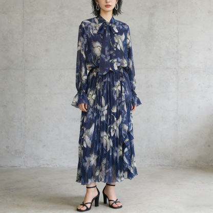 期間限定⭐️60%OFF【ワンピース】リボン付き シフォン ハイウエスト 小花柄 長袖 ワンピース 【SHシリーズ】