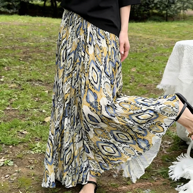 【ボトムス】デザインプリント Aラインロングスカート レディース ハイウエスト フレアシルエット 上品 ナチュラル おしゃれ【SHシリーズ】