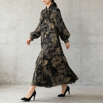 【ワンピース】プリントVネック お腹周りカバー フリル 長袖 ワンピース 【SHシリーズ】