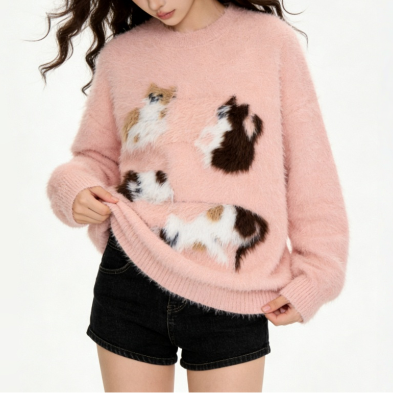 【🐾子猫の甘えポーズ】【トップス】キュート猫 ユニセックス ジャガードニット ソフトタッチ ニットセーター 【FCシリーズ】