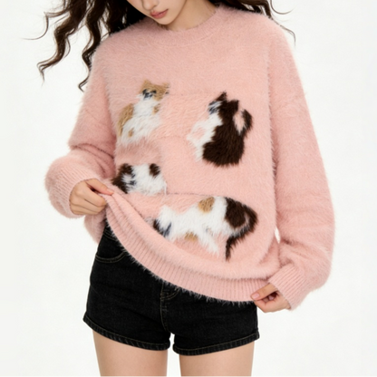 【🐾子猫の甘えポーズ】【トップス】キュート猫 ユニセックス ジャガードニット ソフトタッチ ニットセーター 【FCシリーズ】