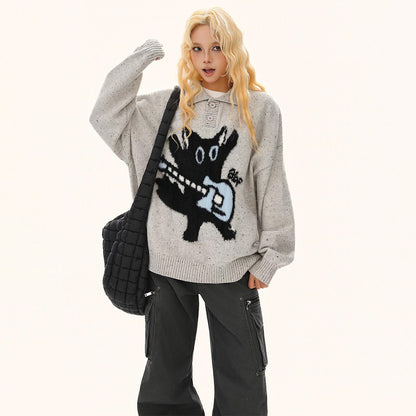 【トップス】アメリカンスタイル レトロ 猫ジャカード 男女兼用 ポロカラーセーター【FCシリーズ】