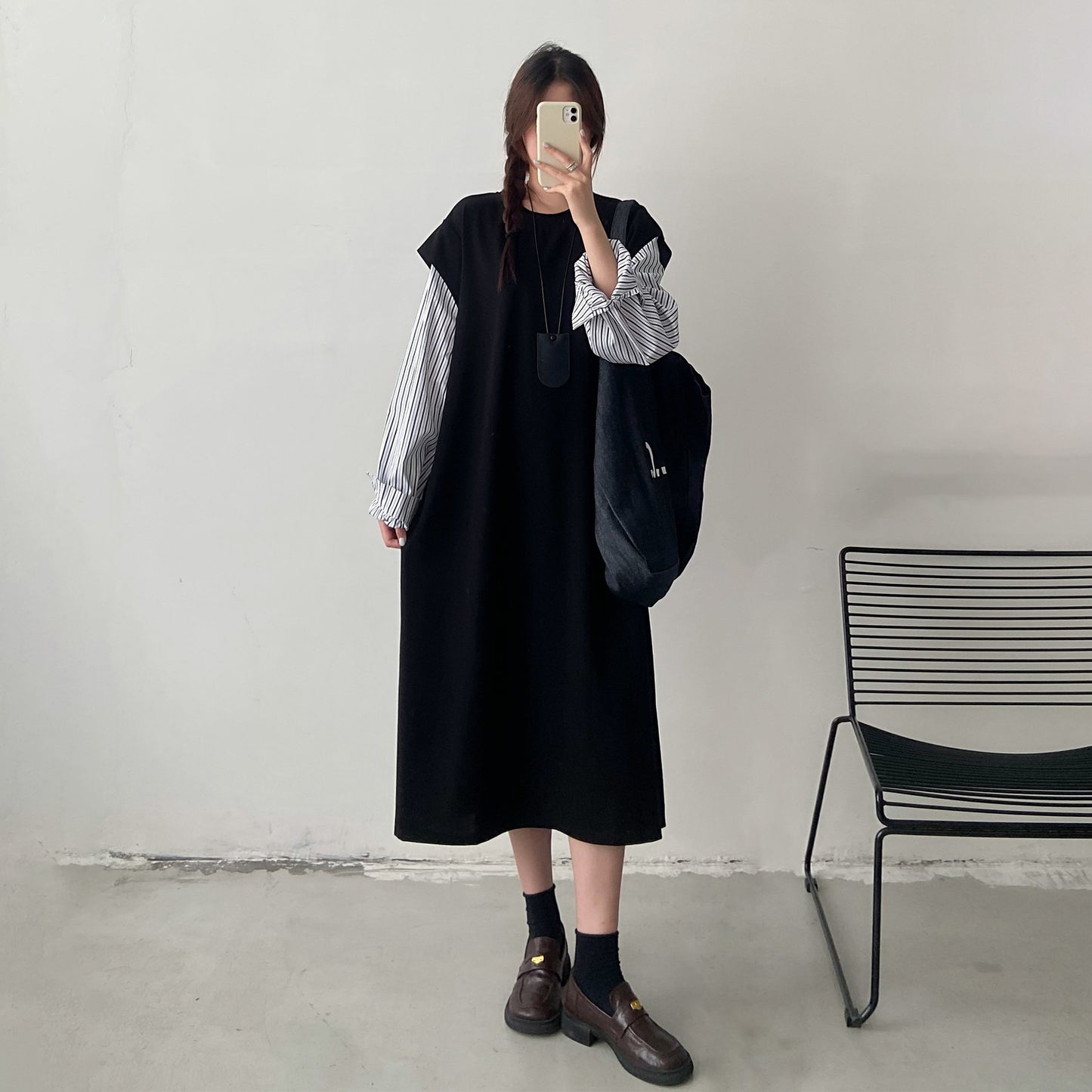 【ワンピース】デザイン感 長袖 フェイクレイヤードワンピース レディース 切替 大きめサイズ ロングドレス【JZシリーズ】