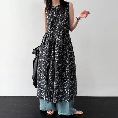 【ワンピース】花柄 ワンピース レディース 夏 ノースリーブ ラウンドネック ロング丈 ゆったり 体型カバー リゾート 人気【JZシリーズ】