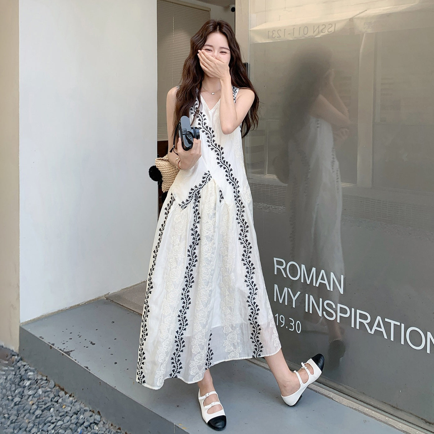 【ワンピース】気質 ノースリーブプリントワンピース 夏 韓国風 Vネック キャミロングドレス【SHシリーズ】