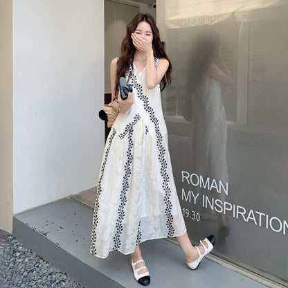 【ワンピース】気質 ノースリーブプリントワンピース 夏 韓国風 Vネック キャミロングドレス【SHシリーズ】