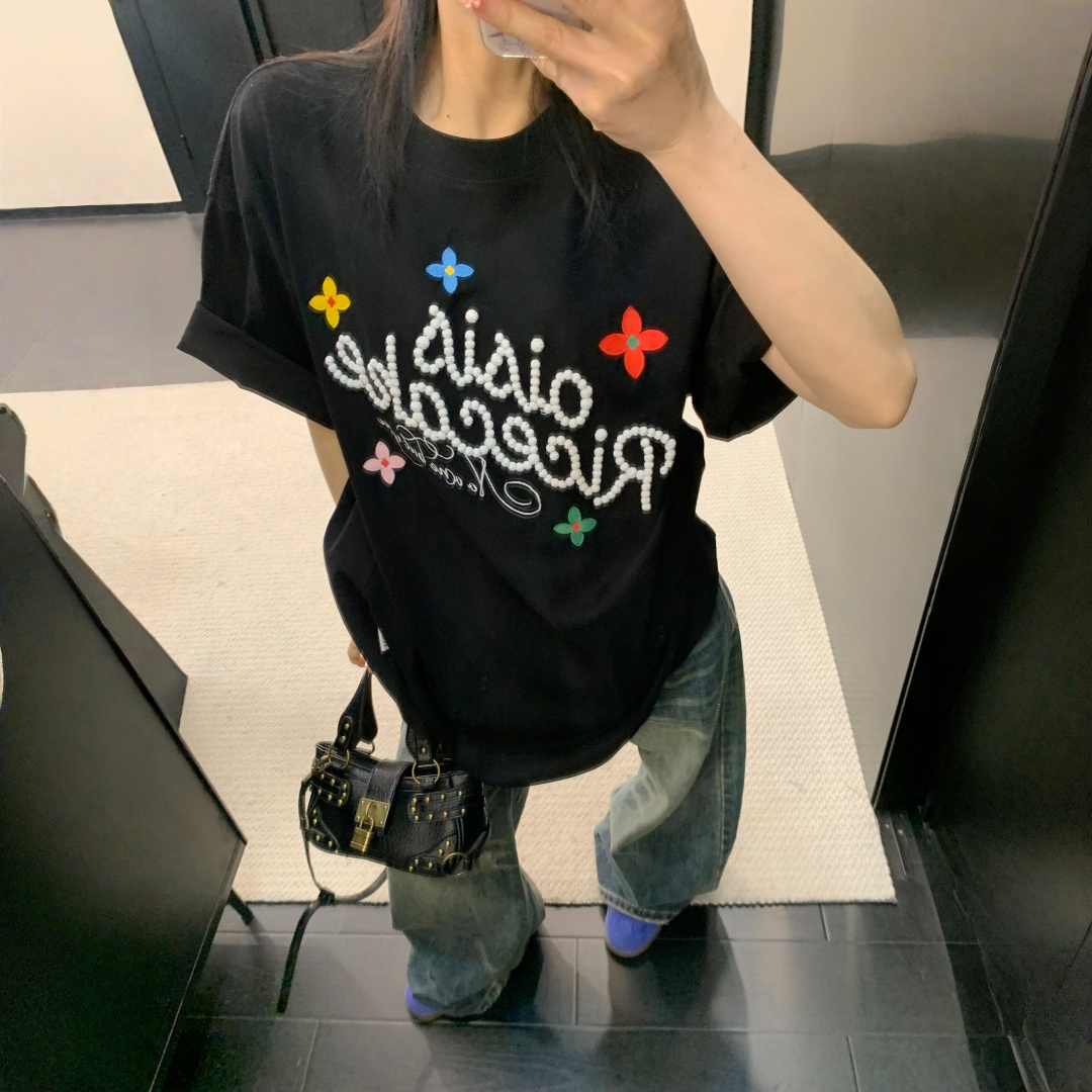 【トップス】レトロ コットン100％ 立体刺繍 オーバーサイズ 半袖 Tシャツ 【FCシリーズ】