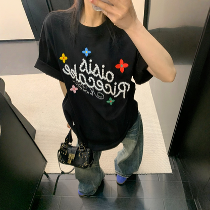 【トップス】レトロ コットン100％ 立体刺繍 オーバーサイズ 半袖 Tシャツ 【FCシリーズ】