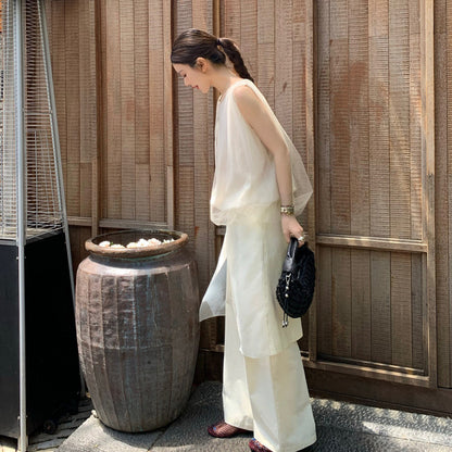 【セットアップ】【単品注文】オールホワイト メッシュレイヤード ノースリーブ トップス パンツ 上下セット ナチュラル モード【JZシリーズ】