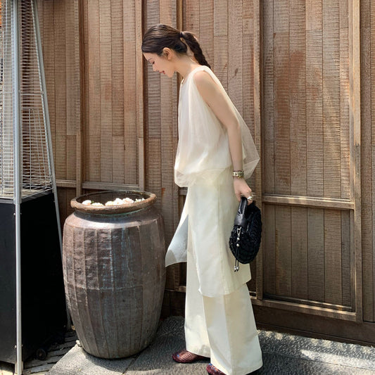全白網紗疊穿套裝｜無袖上衣＋寬鬆闊腿褲