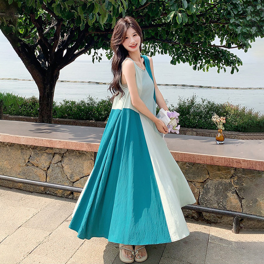 【ワンピース】夏新作 デザイナーズ風 上品 ノースリーブワンピース ハイウエスト 高見え配色 着痩せシルエット【SHシリーズ】