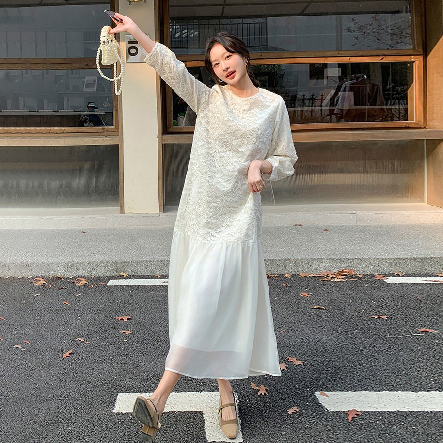 【ワンピース】フレンチ風フェミニンレースワンピース レディース 気品ある軽奢感 花柄長袖ミディドレス【JZシリーズ】