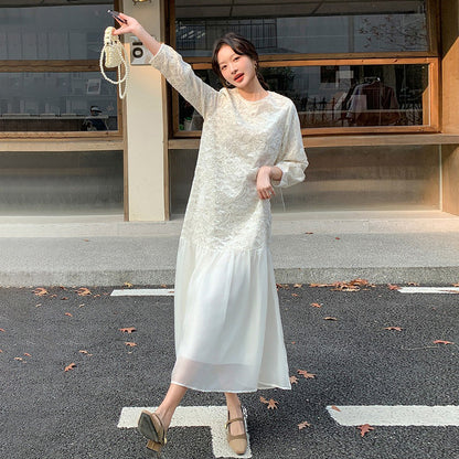 【ワンピース】フレンチ風フェミニンレースワンピース レディース 気品ある軽奢感 花柄長袖ミディドレス【JZシリーズ】