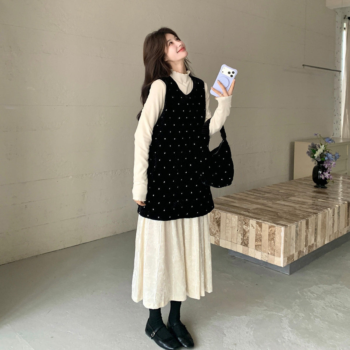 【ワンピース】フレンチ風ドット柄ベロア切替ワンピース レディース 春 ノースリーブ 大人フェミニン レイヤード風 ロング丈【JZシリーズ】