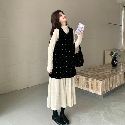 【ワンピース】フレンチ風ドット柄ベロア切替ワンピース レディース 春 ノースリーブ 大人フェミニン レイヤード風 ロング丈【JZシリーズ】