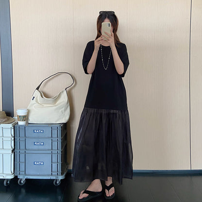 【ワンピース】大きいサイズワンピース レディース 夏 半袖 ブラックワンピース ゆったりシルエット 着痩せ 体型カバー【JZシリーズ】