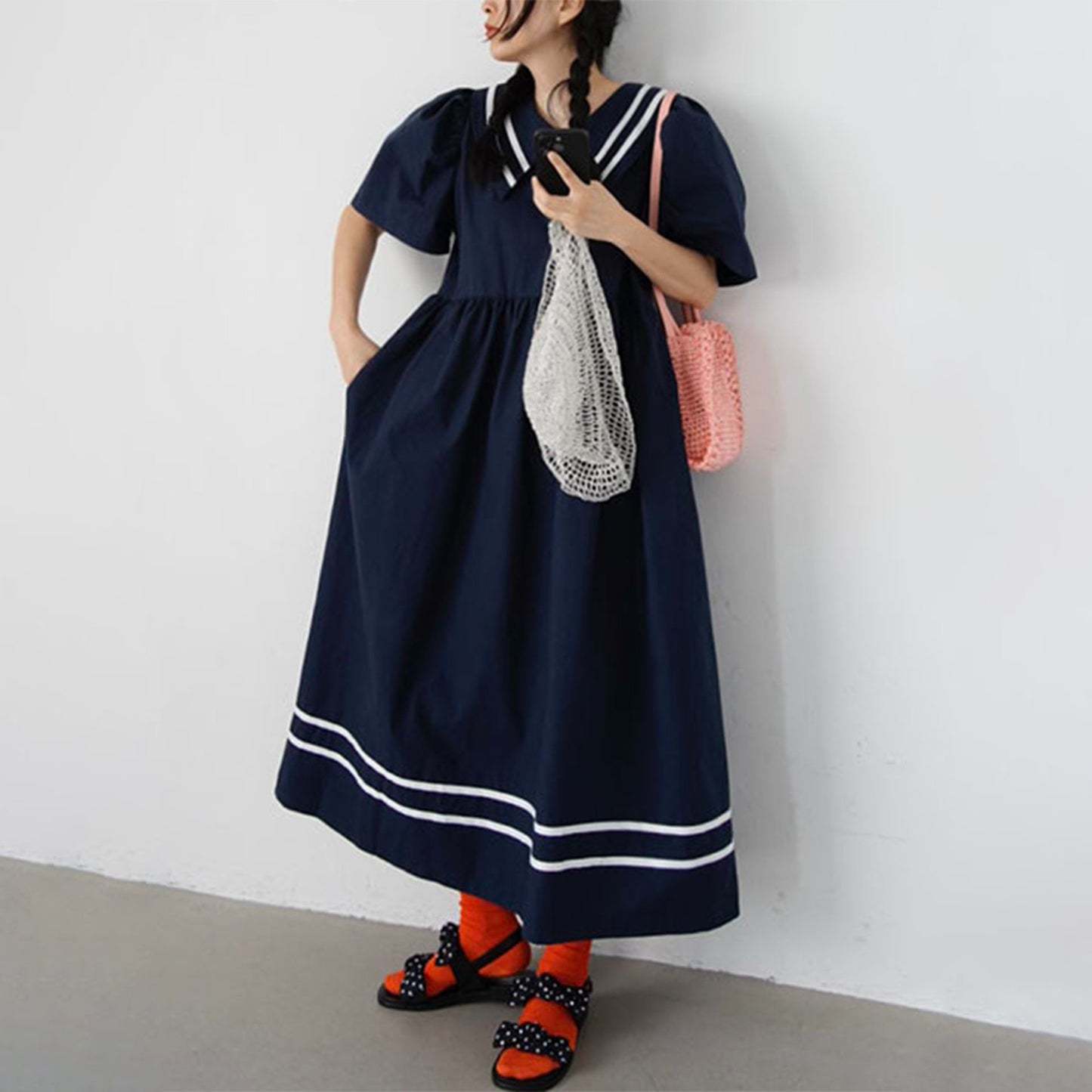 【ワンピース】韓国風 襟付き白ワンピース レディース 配色ストライプ パフスリーブ Aライン ロング丈 大人可愛い 夏【JZシリーズ】