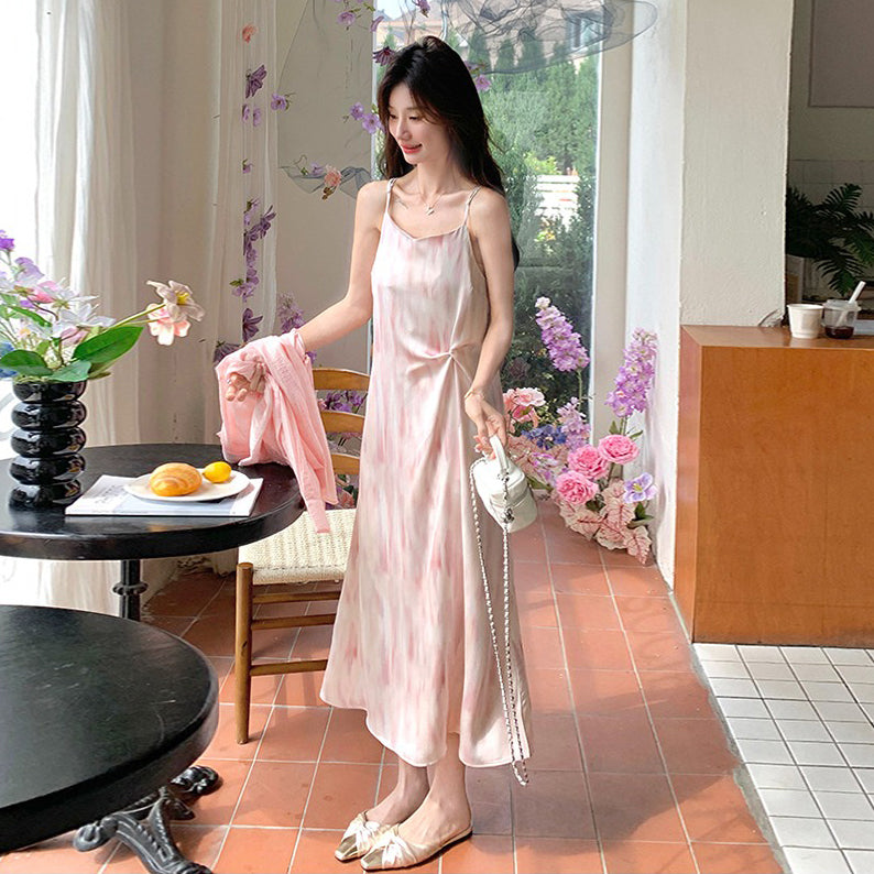 2点セット！【セットアップ】リゾート風 ピンクシャツ＋ノースリーブワンピース セットアップ レディース  優しげ雰囲気 おしゃれ映え【SHシリーズ】