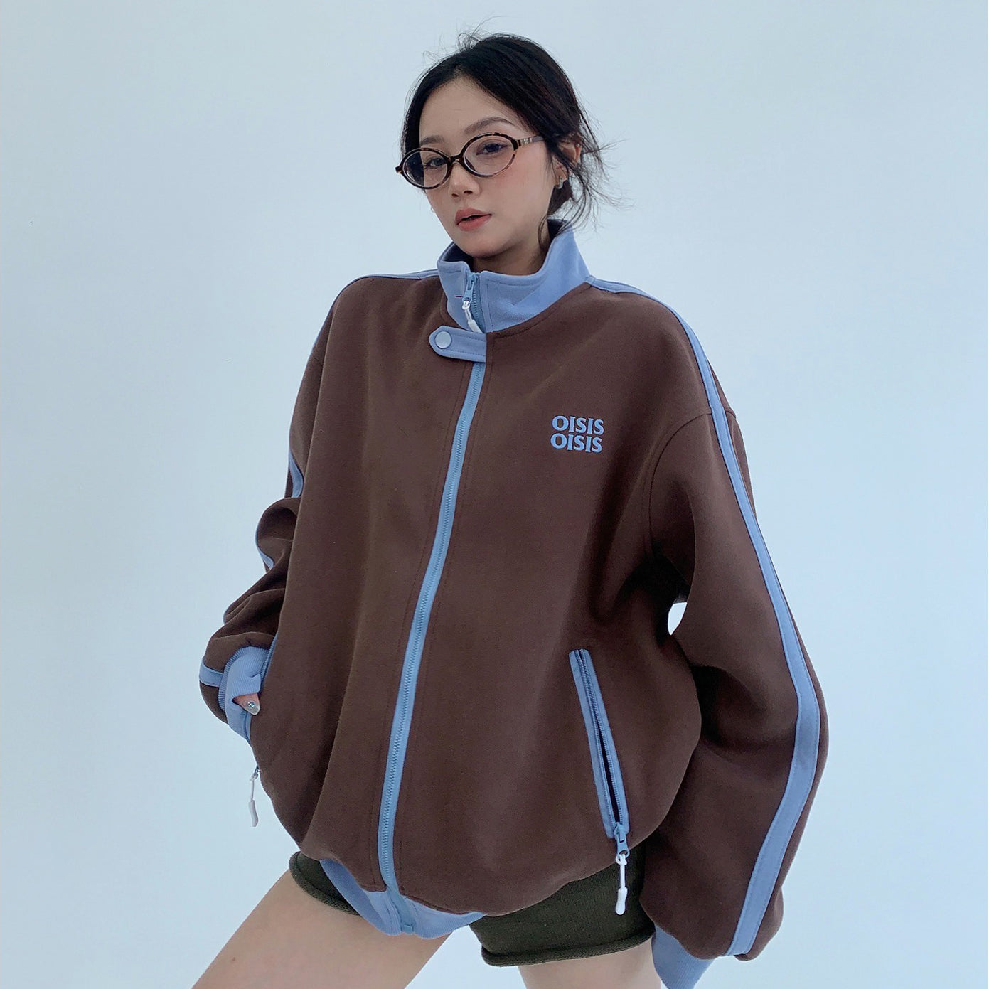 【アウター】ユニセックス スタンドカラーショートブルゾン アメカジ風 配色切り替え ビッグシルエット【FCシリーズ】【10～15日内発送】