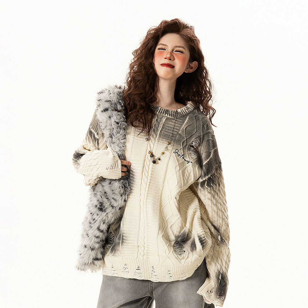 【トップス】ヴィンテージ風 デザイン グラデーション タイダイ ダメージ ニット レディース 秋冬 ゆったり 着回し セーター【FCシリーズ】