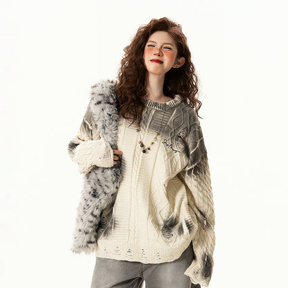 【トップス】ヴィンテージ風 デザイン グラデーション タイダイ ダメージ ニット レディース 秋冬 ゆったり 着回し セーター【FCシリーズ】