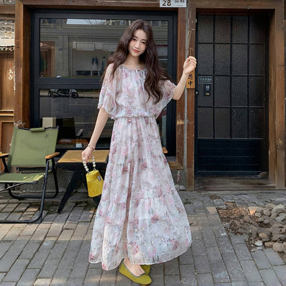 【ワンピース】フレンチ オフショルダー フリルスリーブ 花柄ワンピース 夏 高見え ロングドレス【SHシリーズ】