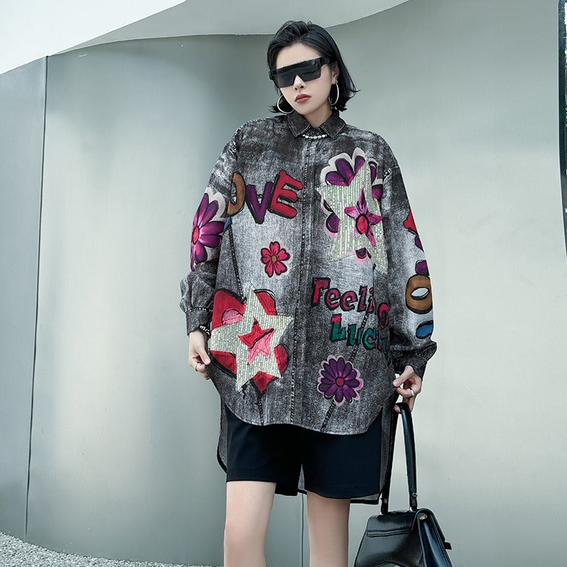 【トップス】夏 春 秋 綿麻 プリント 涼やか 長袖 シャツ 【AHシリーズ】