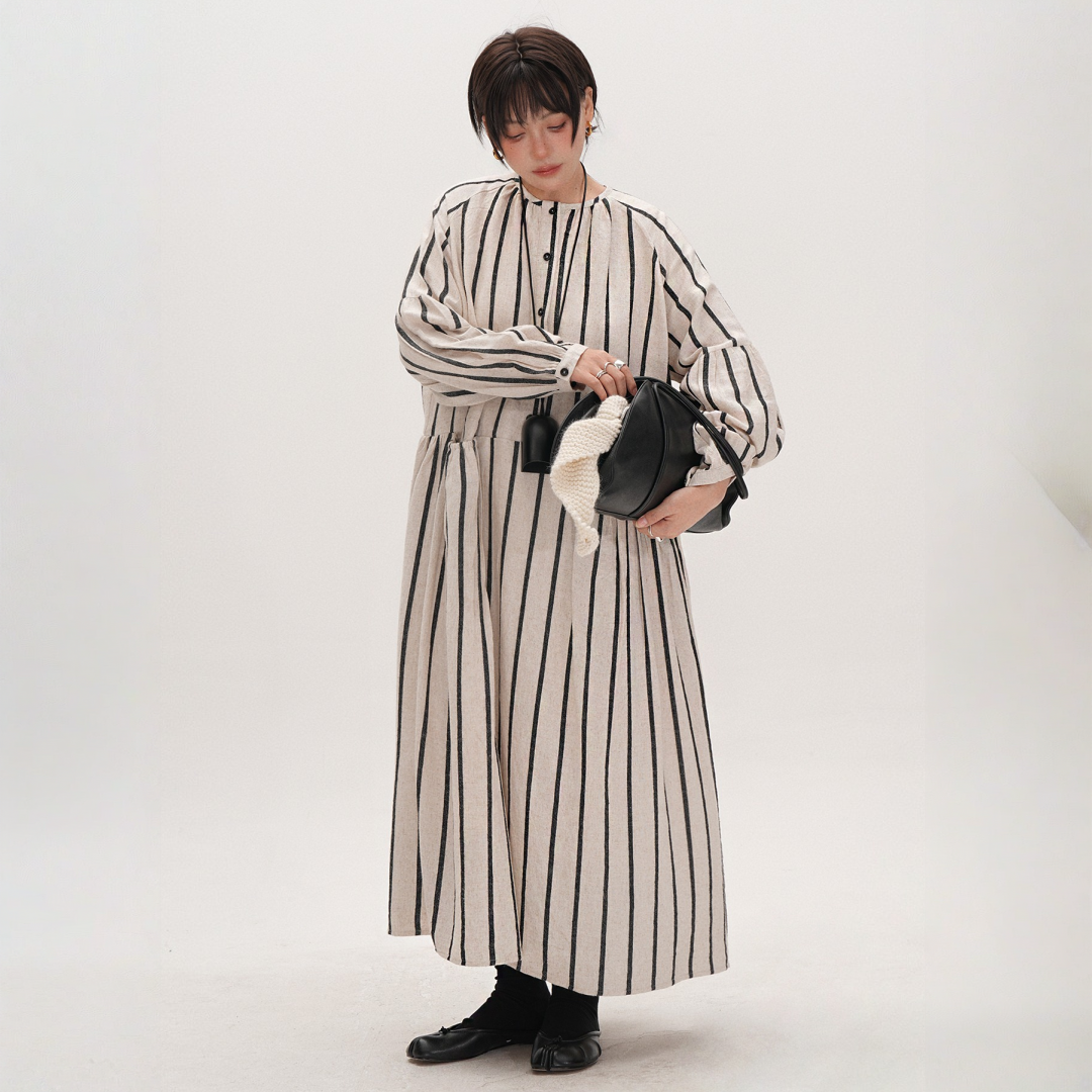 ワンピース】春 秋 冬 ライトブラウン ストライプ柄 ポケット