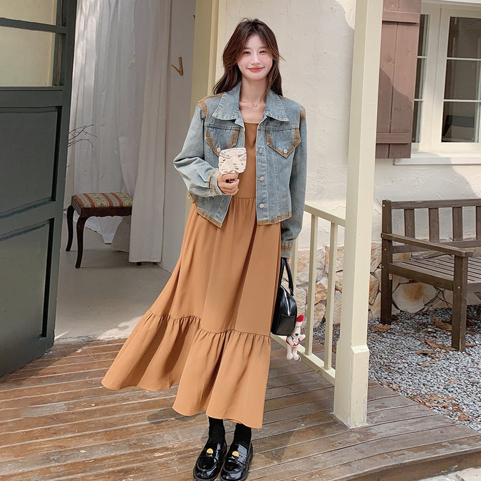 【セットアップ】初秋 韓国風コーデ レトロ デニム ジャケット＋ノースリーブワンピース 細見え 2点セット【JZシリーズ】