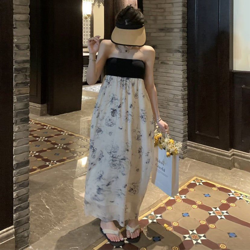 【ワンピース】フレンチ風 水墨柄 ベアトップワンピース レディース オフショルダー チューブトップ ロング丈 セクシー エレガント ノースリーブ ビーチ リゾートワンピース【SHシリーズ】