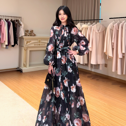 【ワンピース】通勤スタイル 小花柄 ハイネック バルーンスリーブ ロングワンピース 【SHシリーズ】