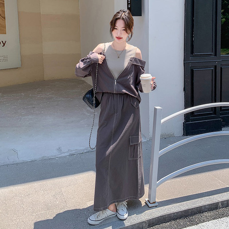 2点セット！【セットアップ】韓国風シック オフショルダー トップス+