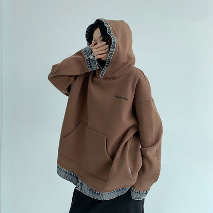 【トップス】春 秋 冬 切り替え デニム フード付き 裏起毛 パーカー 【FCシリーズ】