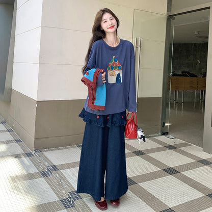 3点セット！【セットアップ】韓国風レトロニットベスト×トップス×ワイドデニムパンツセット レディース 秋コーデ 体型カバー ゆるかわ3点セット【JZシリーズ】