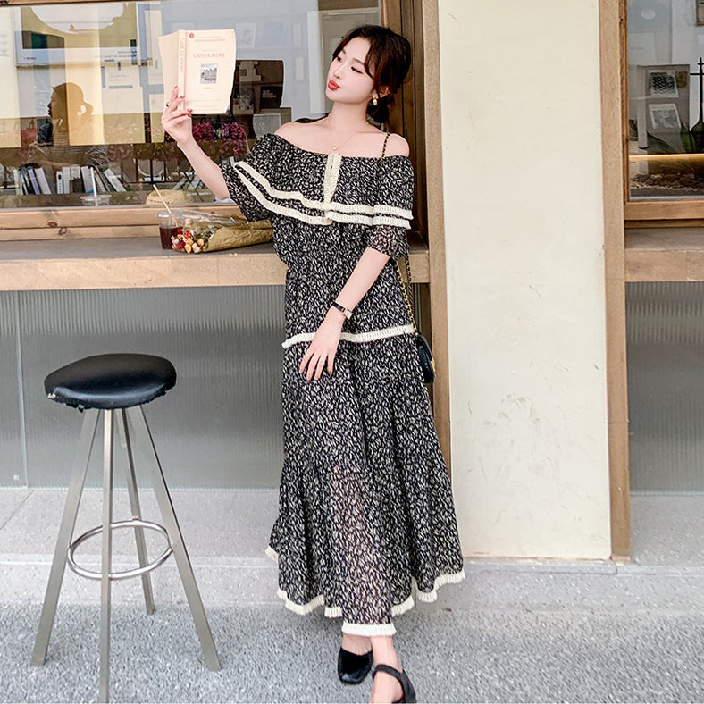 【ワンピース】オフショル花柄シフォン 半袖ワンピース レディース 夏 個性的で美しい エレガント 高級感 リゾート風ロングドレス【SHシリーズ】