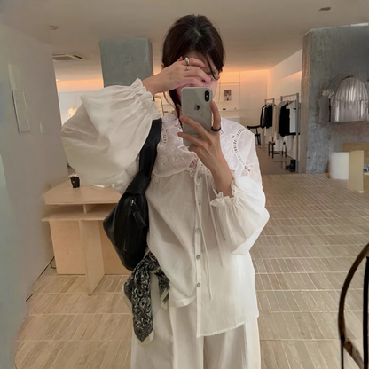 【トップス】春 秋 夏 透かし彫り 切り替え レース 刺繍 シャツ 【JZシリーズ】