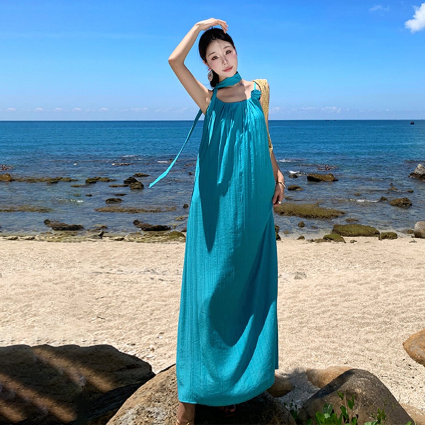 【ワンピース】リゾート キャミワンピース レディース ノースリーブ 夏 沖縄旅行 マキシワンピース ロング丈 ゆったり プリーツ 体型カバー【SHシリーズ】