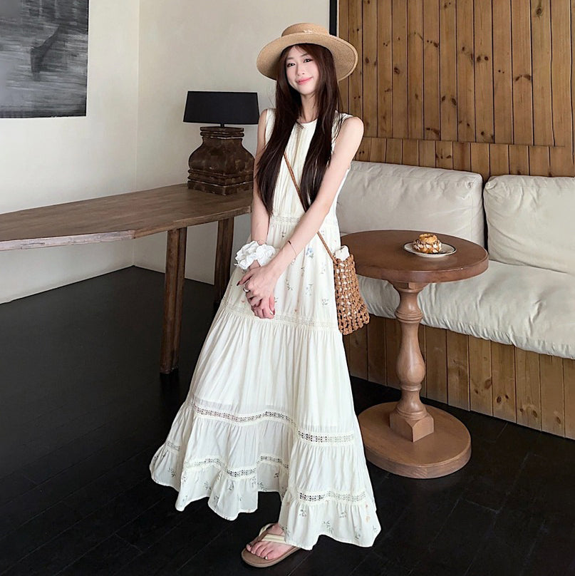 【ワンピース】フレンチ風 レース切替 花柄 ノースリーブワンピース レディース 夏 ゆったり Aライン ロングワンピース 体型カバー 大人可愛い【SHシリーズ】