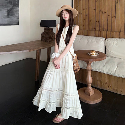 【ワンピース】フレンチ風 レース切替 花柄 ノースリーブワンピース レディース 夏 ゆったり Aライン ロングワンピース 体型カバー 大人可愛い【SHシリーズ】